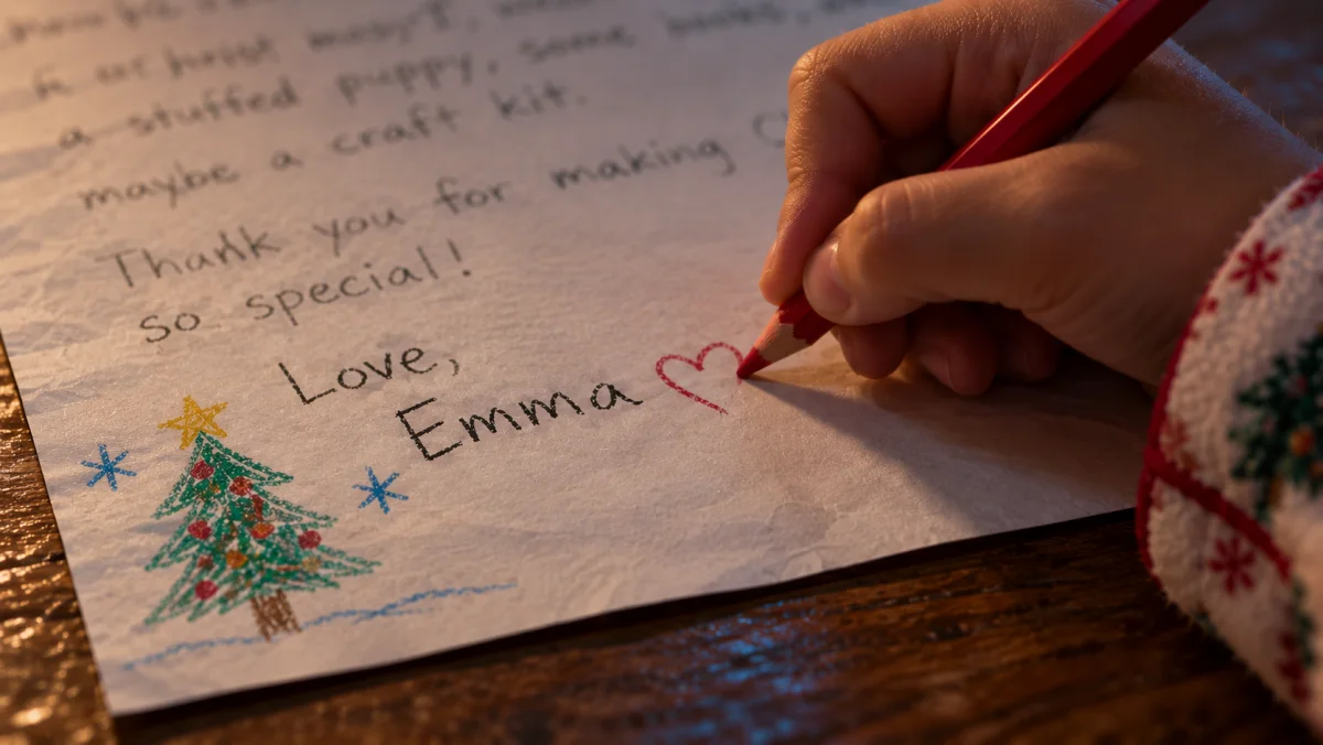 A child signs their handwritten letter to Santa.