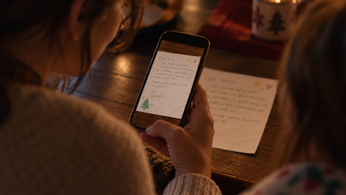 A parent points their phone camera at the child's handwritten letter.