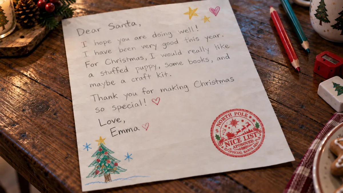 Santa’s red North Pole Nice List Approved stamp appears over Emma’s letter.